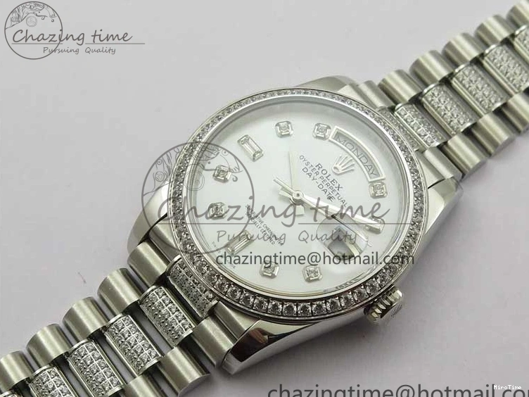 MiroTime 0128 Day-Date 36mm 128239 SS Crystal BP Best Edition White MOP Crystal Marker Dial on SS President Bracelet A MoistureWicking 2682